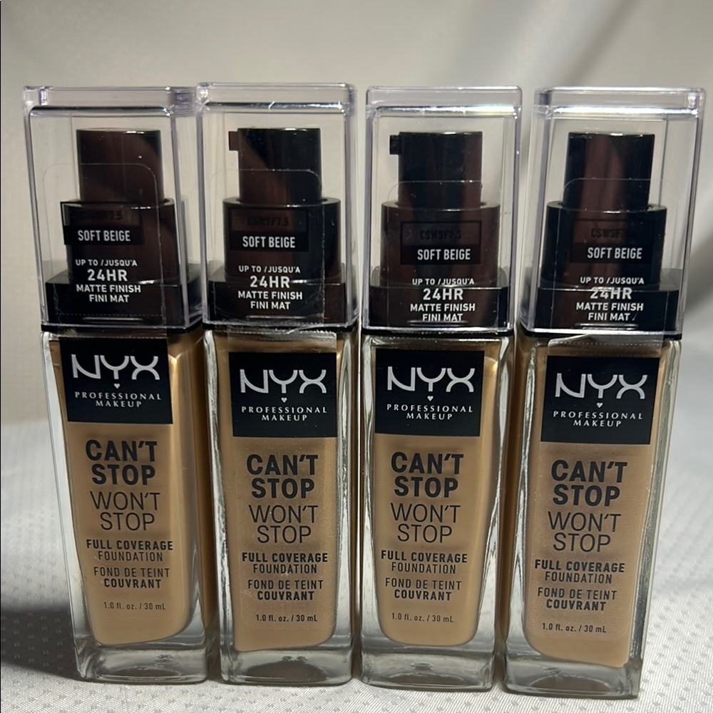 4x Soft Beige NYX - Can't Stop Won't Stop Foundation 24 hr Matte 30ml